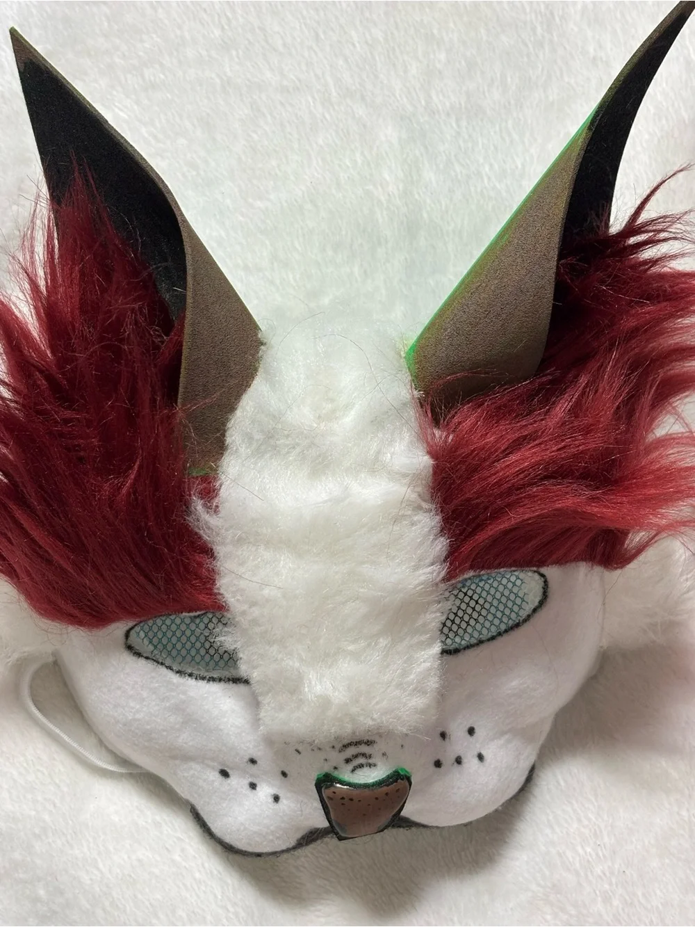 White Faux Fur Therian Animal Costume Mask with Red and Brown Accents